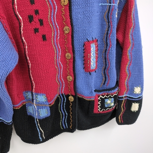 Icelandic Design Knit Cotton Cardigan Sweater Eclectic Patchwork Colorful Medium - Picture 4 of 7